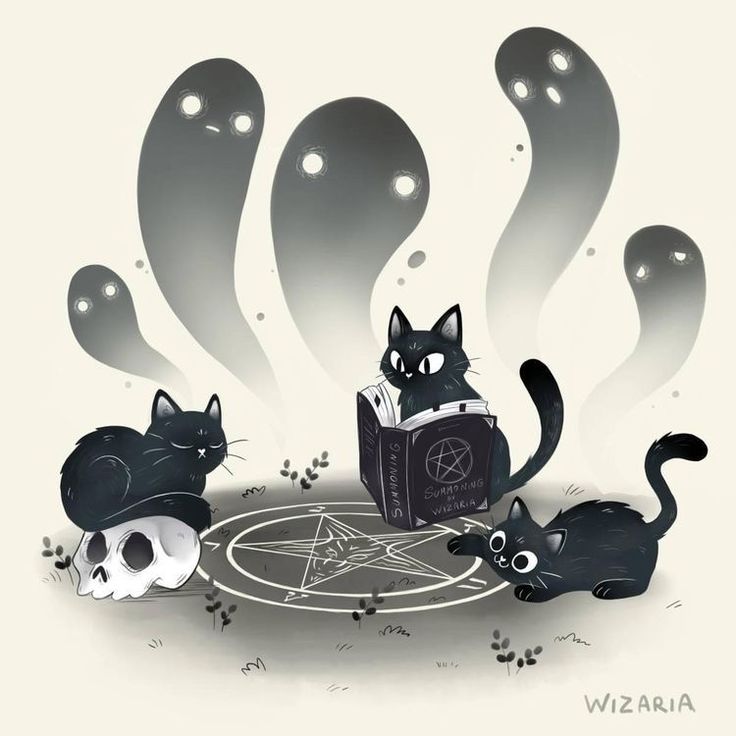 three black cats are sitting in front of an open book and two skulls on the ground