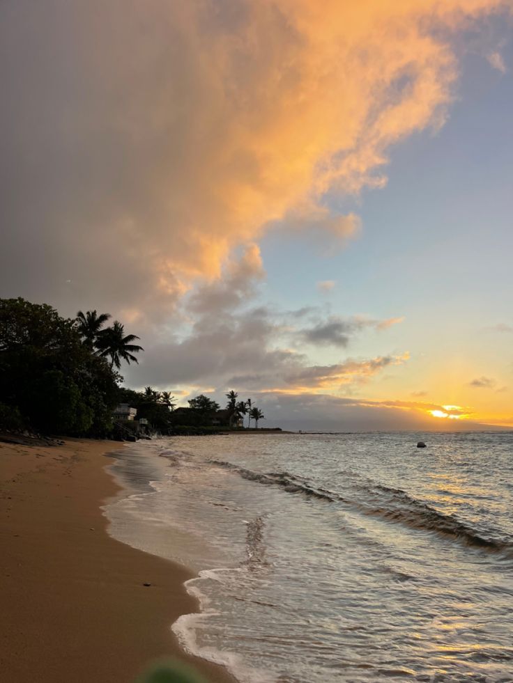 the sun is setting over the ocean with waves coming in to shore and palm trees lining the shoreline