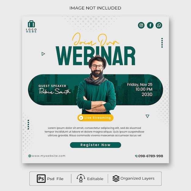 a flyer for a webinar with a man in green sweater and black glasses