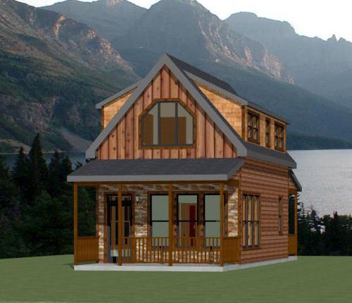 a small cabin style house with a porch and balcony next to the lake in front of some mountains