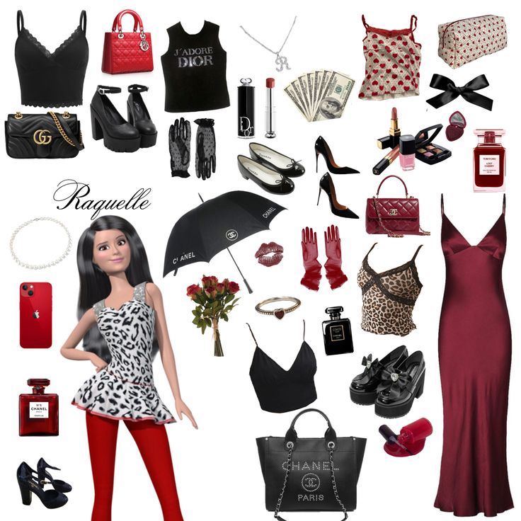 a barbie doll dressed in red and black with clothes, shoes, purses and accessories