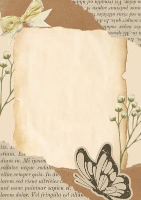 an old paper with some flowers and a butterfly on it, next to a piece of parchment