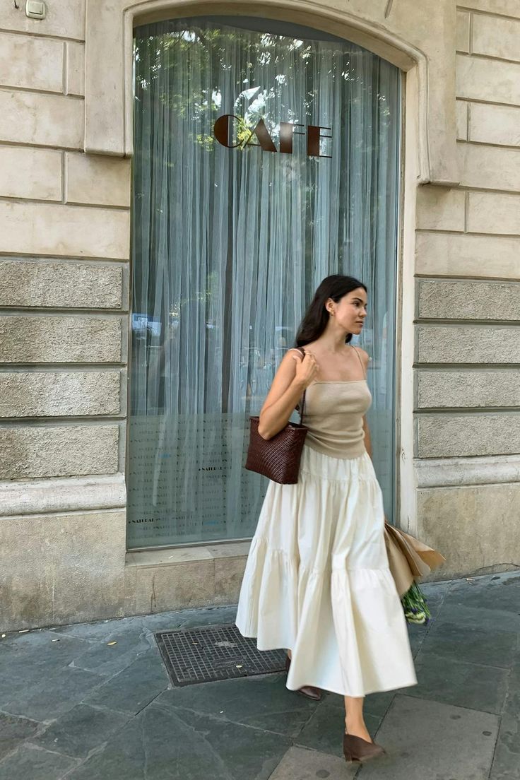 Teacake Skirt | Tiered Flare Skirt in Cream Colour | Something to Hold Flared White Skirt Outfit, Bustier Skirt Outfit, Midi Skirt White Outfit, Outfits With Cream Skirt, White Full Skirt Outfit, Ecru Skirt Outfit, Cream Summer Outfits, Tan Linen Skirt Outfit, Long White Cotton Skirt Outfit