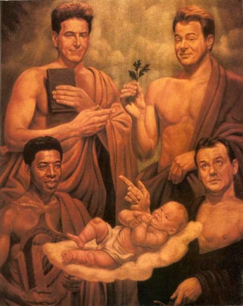 a painting of three men holding a baby