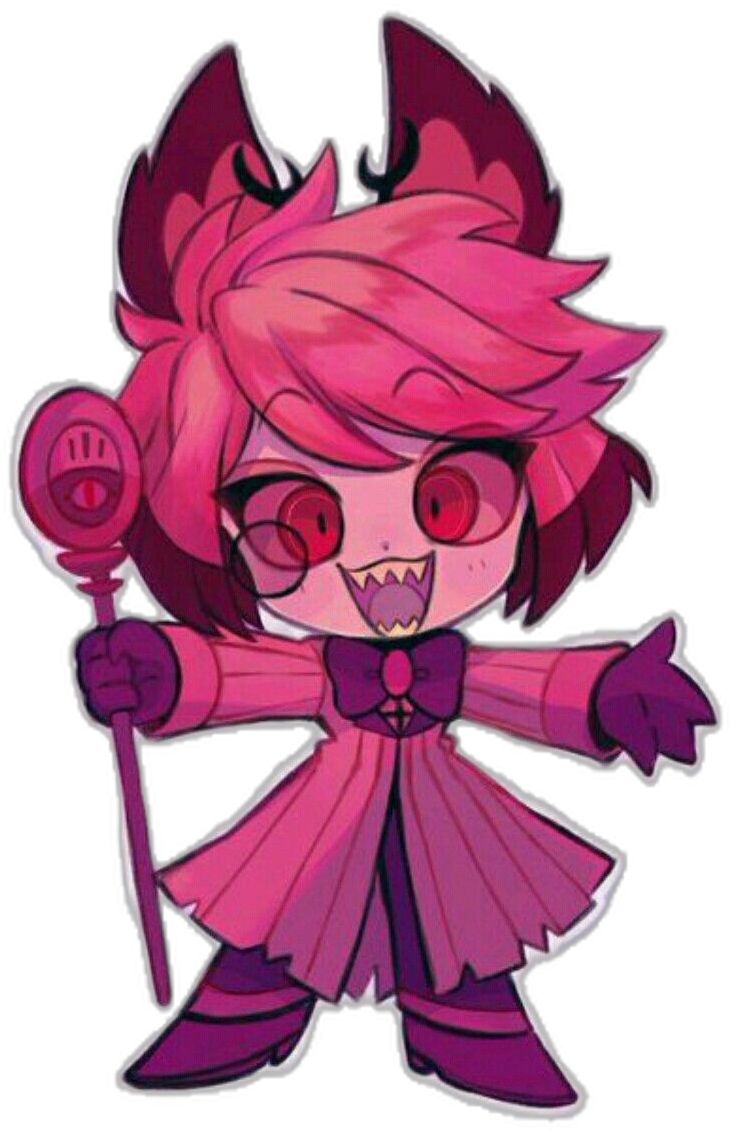 a cartoon character with pink hair and red eyes holding a sticker in her hand