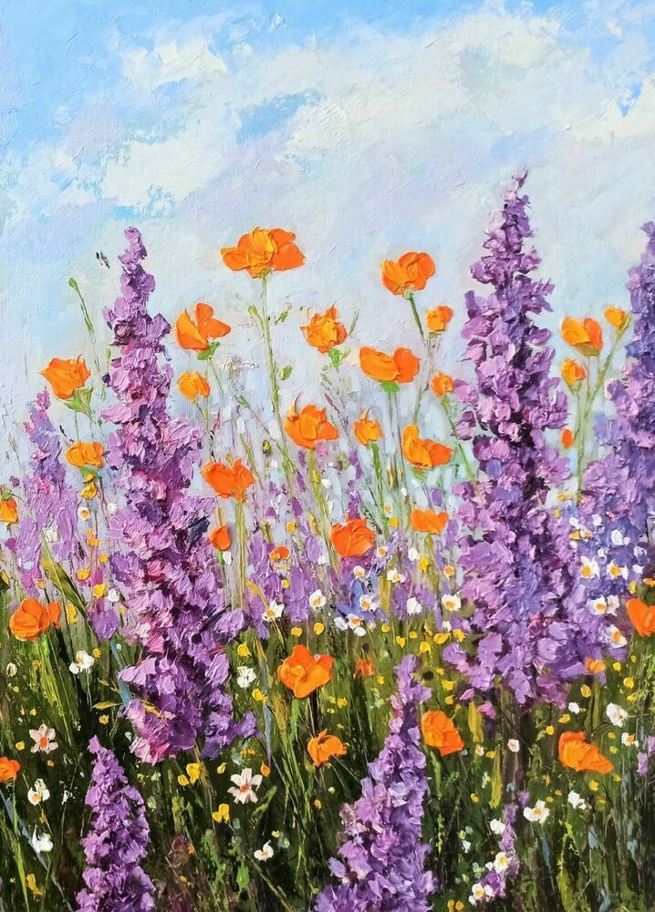 an oil painting of purple and orange flowers