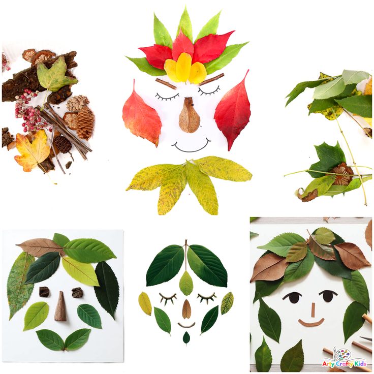 four different pictures of leaves and faces