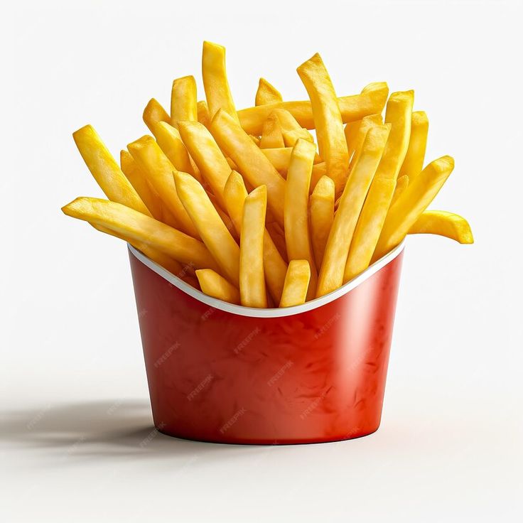 french fries in a red container on a white background with clippings to the side