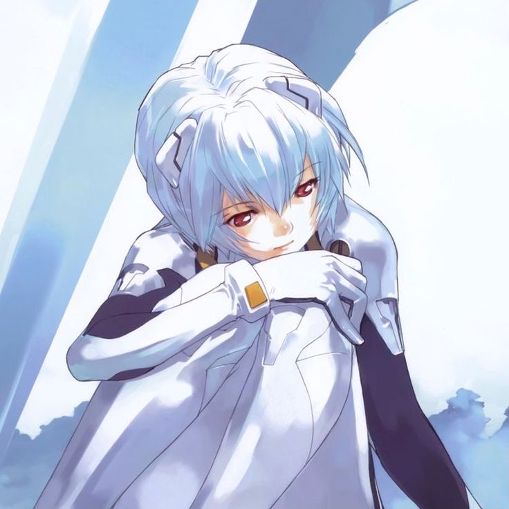 an anime character with white hair and blue eyes standing in front of a cloudy sky