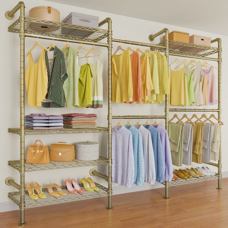 an organized closet with clothes, shoes and handbags