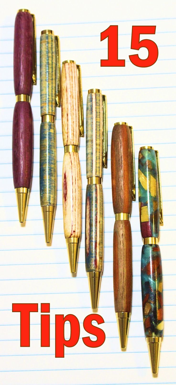 five different types of pens lined up next to each other with the words 15 tips written below them