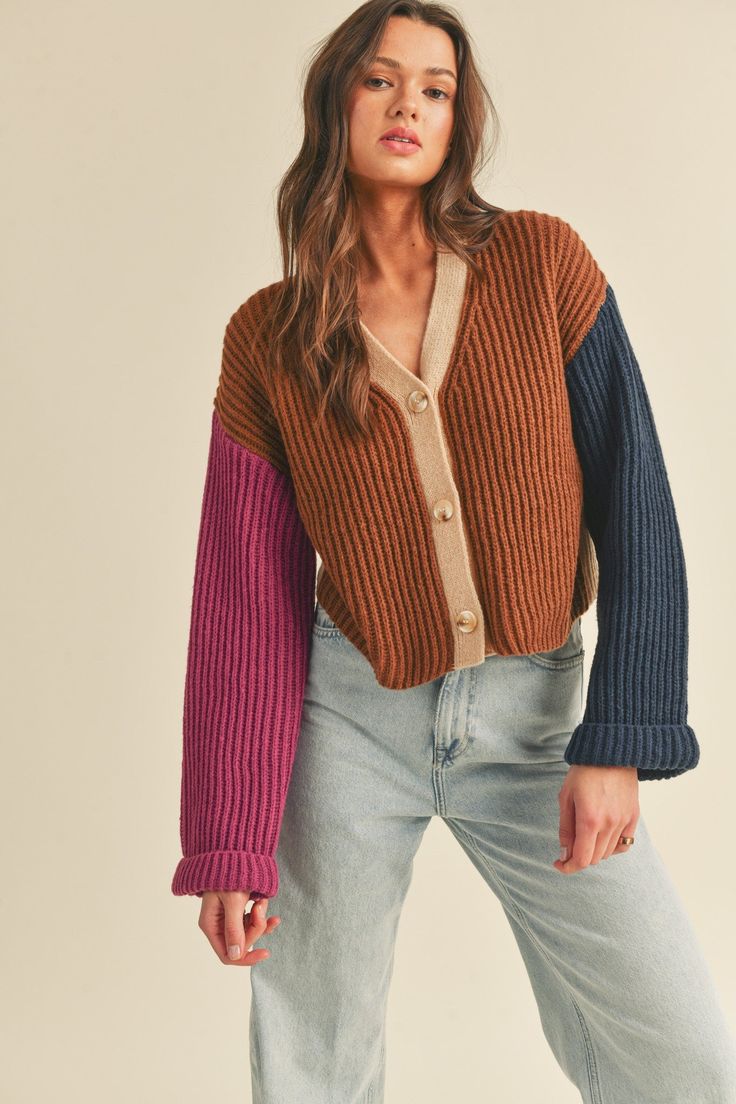 Color block knit sweater cardigan + Button down placket + Drop shoulder long sleeves + Folded cuffs + Semi-cropped boxy fit Levis Outfit, Drop Shoulder Cardigan, Queer Fashion, Color Block Cardigan, Lifestyle Trends, Color Inspo, Favorite Sweater, Comfy Sweaters, Knitwear Design