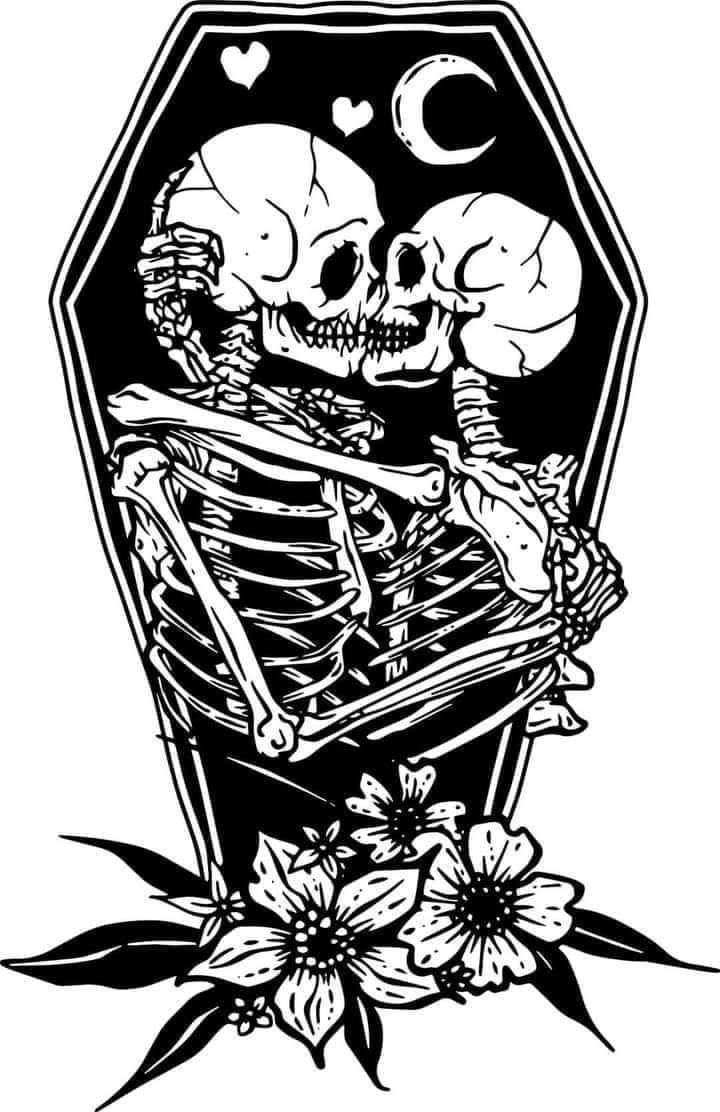 a black and white drawing of two skeletons in a casket with flowers on the side