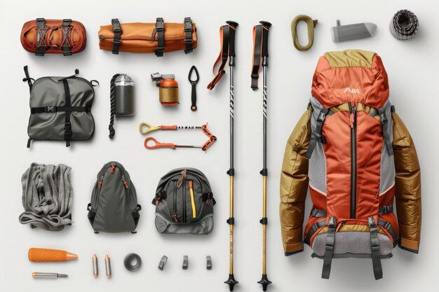 an assortment of hiking gear laid out on a white surface, including backpacks and poles