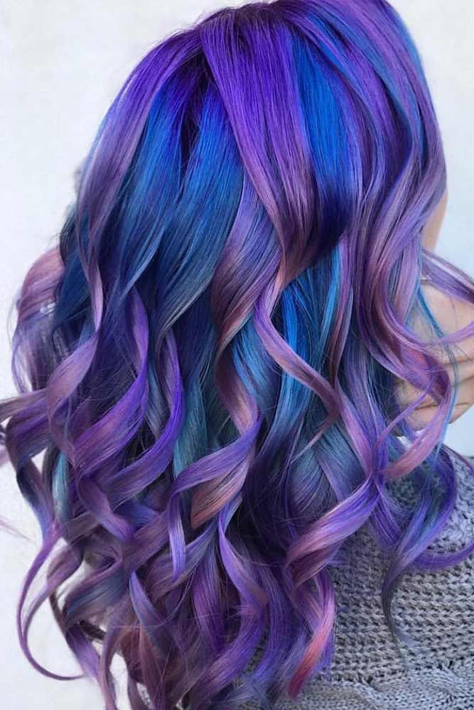 Short Hair, Blue Highlights: A Perfect Match Colourful Hair Ideas For Short Hair, Purple Multicolor Hair, Unique Hair Cuts, Purple And Blue Hair, Galaxy Hair Color, Unicorn Hair Color, Wild Hair Color, Galaxy Hair, Vivid Hair Color