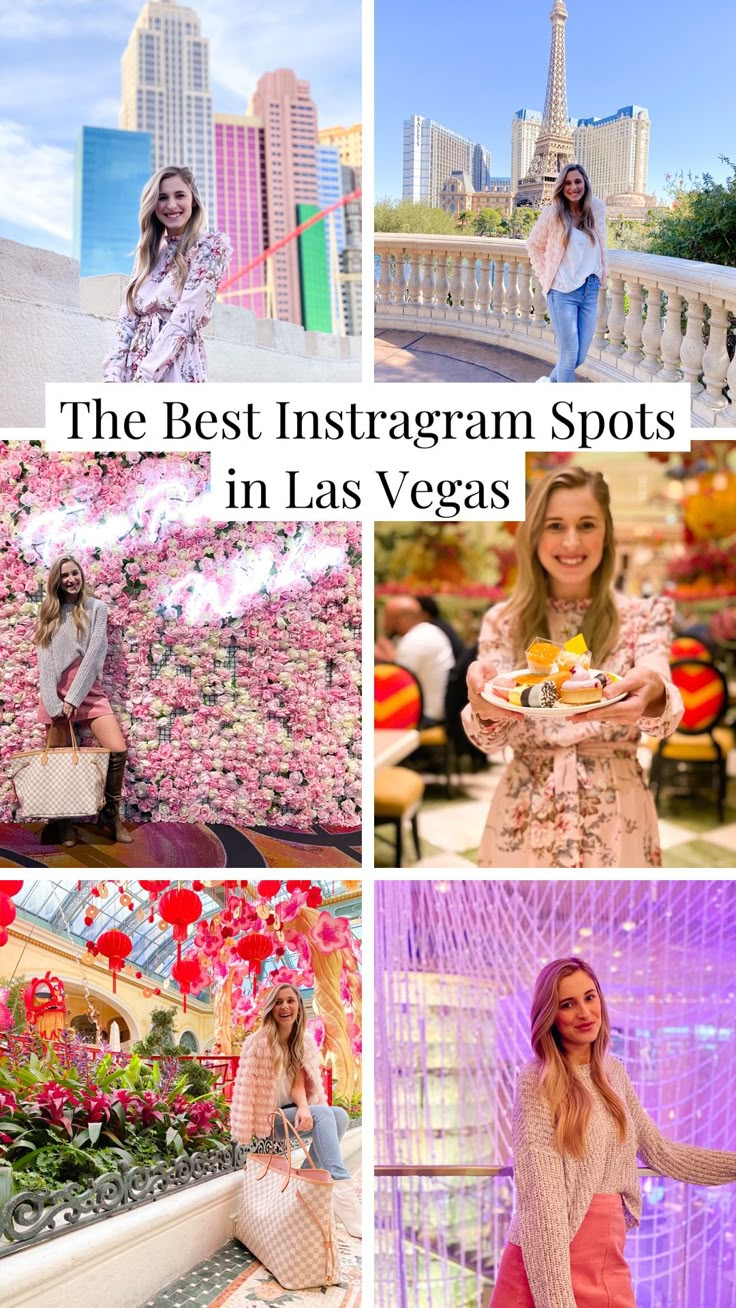 the best instagram spots in las vegas, including pink flowers and buildings with text overlay