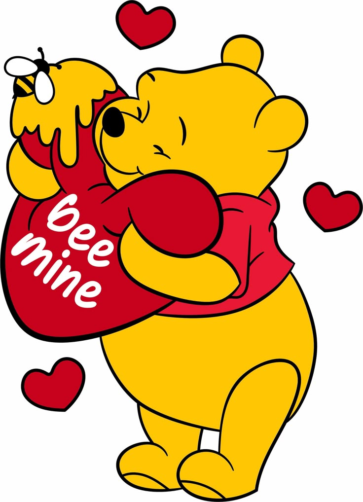 a winnie the pooh holding a heart shaped bag