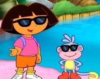 dora the cat and her friend monkey are standing in front of a pond with sunglasses on