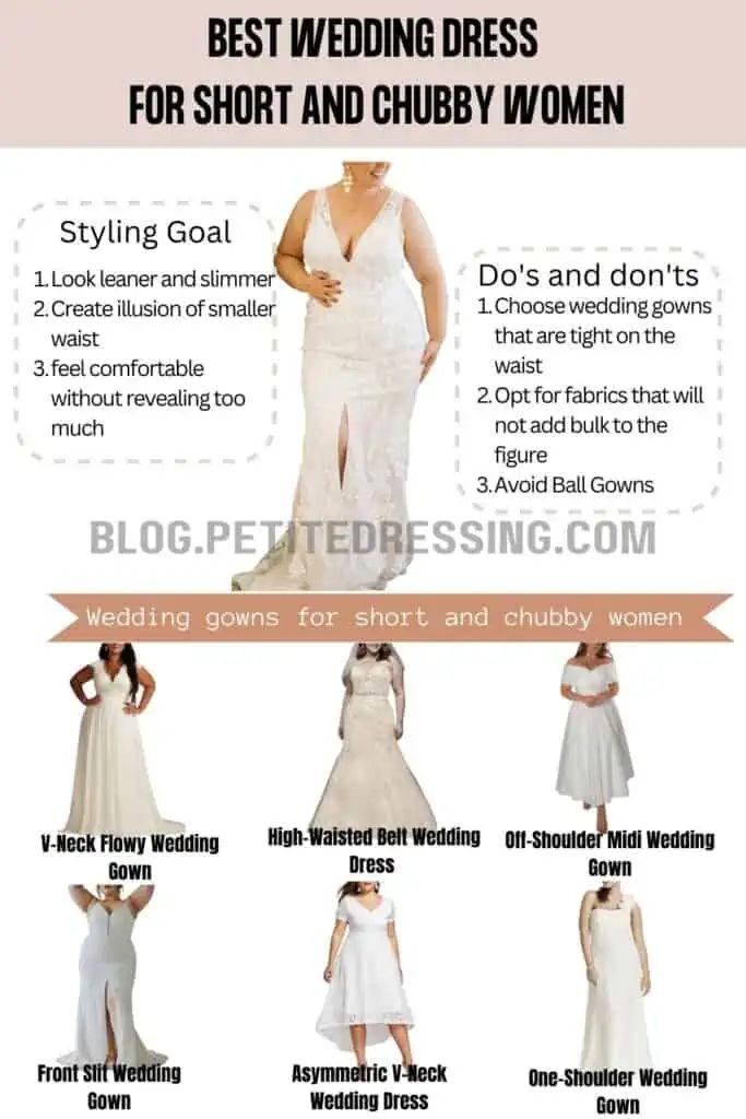 the wedding dress for short and chubby women is shown in three different styles, including one