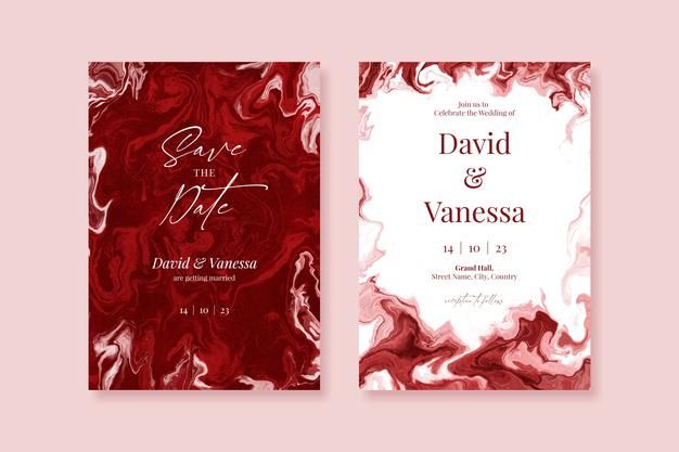 two red and white wedding cards on a pink background