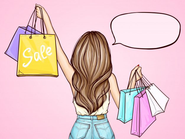 a woman holding shopping bags with the word sale above her head and an empty speech bubble