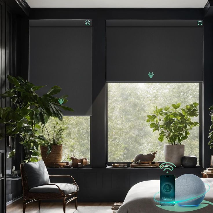 a bedroom with large windows and plants in the window sill, along with a wifi router