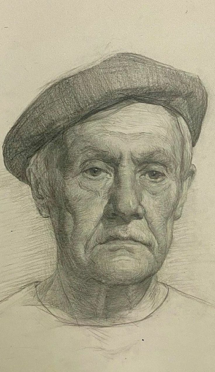 an old man with a hat on his head is shown in this drawing by the artist