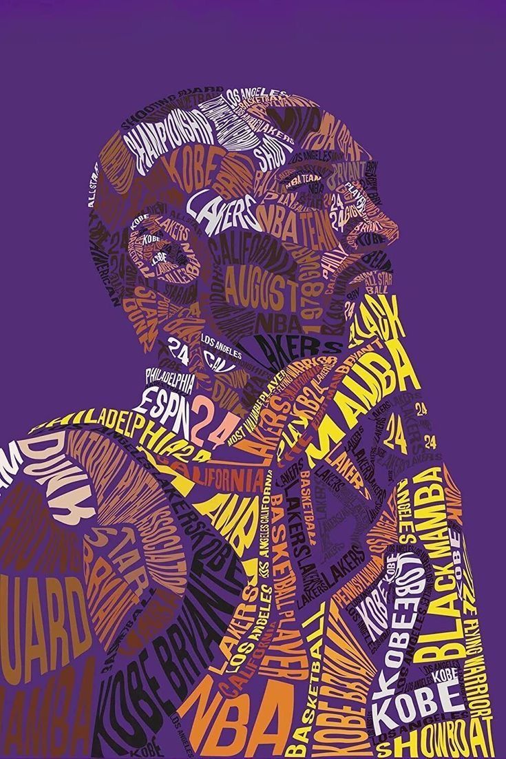 a man's head with words all over it in purple and yellow colors on a purple background