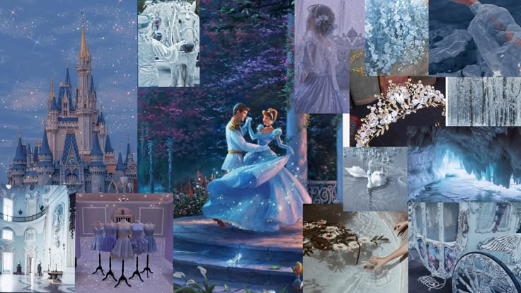 the collage has many images of princesses in blue dresses and tiaras on them