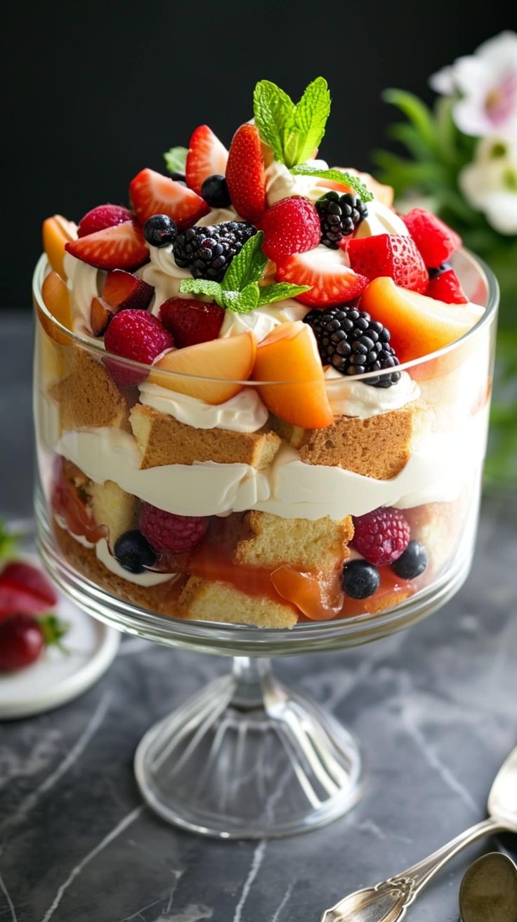 a dessert dish with fruit and cream on top