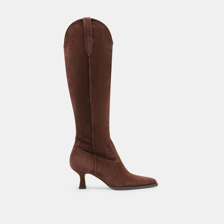 ARIANA WIDE CALF BOOTS DK BROWN SUEDE Brown Heeled Boots, Denim Maxi, Sweater Dresses, Wide Calf Boots, Denim Maxi Skirt, Wide Calf, Maxi Skirts, Calf Boots, Heeled Loafers