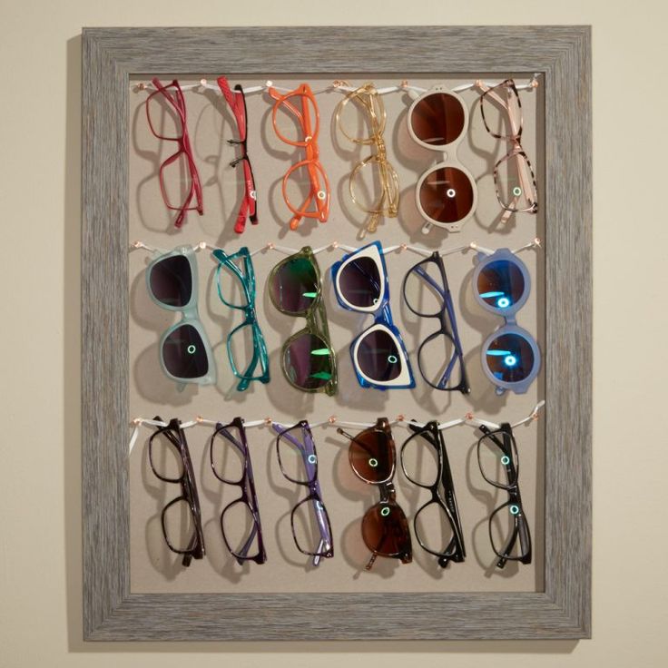 a display case holds many pairs of sunglasses