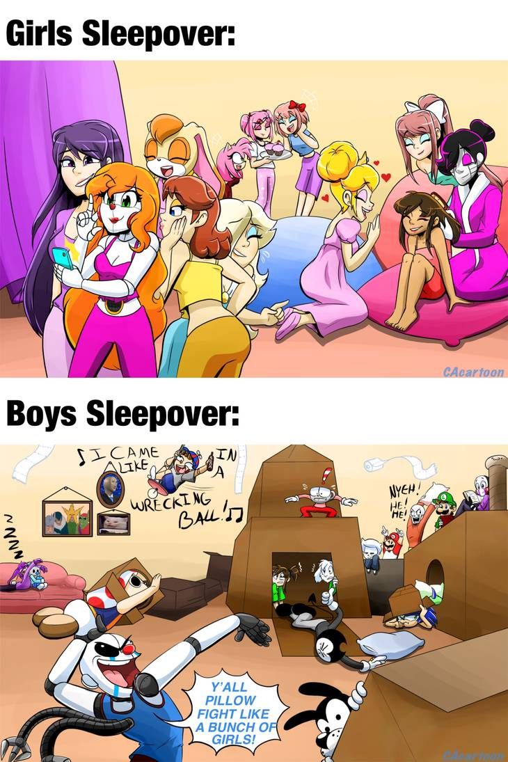 two cartoon pictures with the same caption in different languages, one saying boys sleepover and