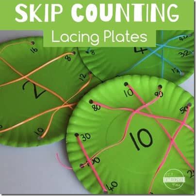 three green paper plates with numbers on them and the words skip counting in front of them