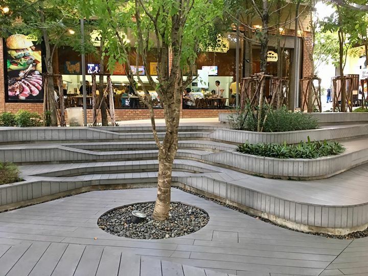 a tree is in the middle of some concrete steps