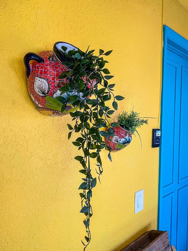 a potted plant hanging on the side of a yellow wall next to a blue door