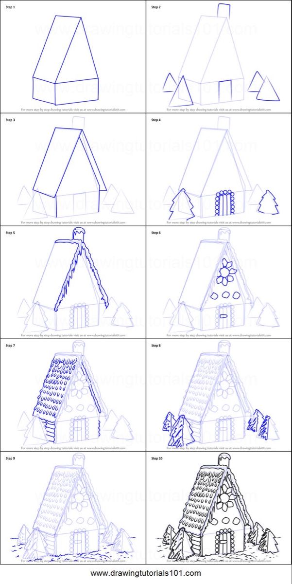 the steps to draw a house with different angles and shapes, including roofing options