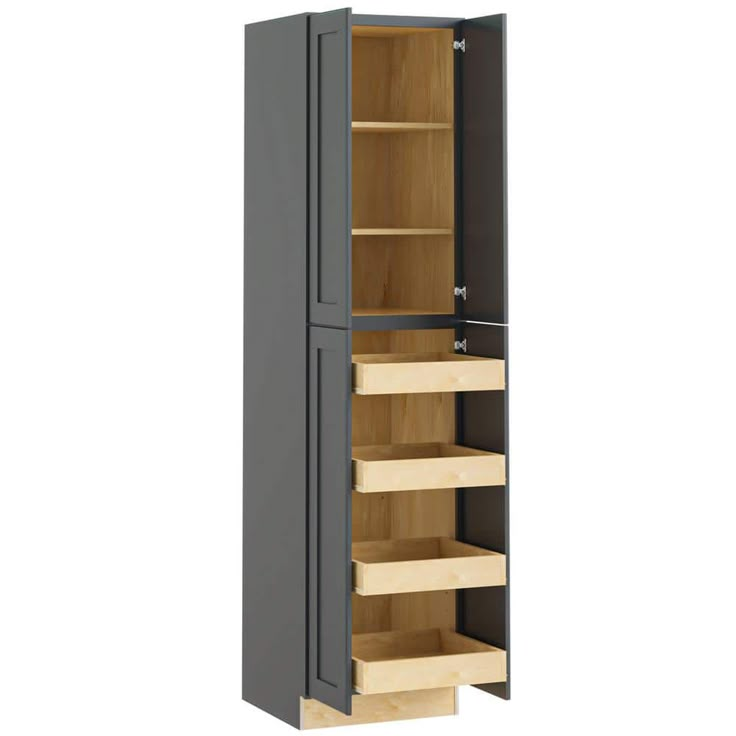 a tall cabinet with shelves and drawers on the bottom, in front of a white background