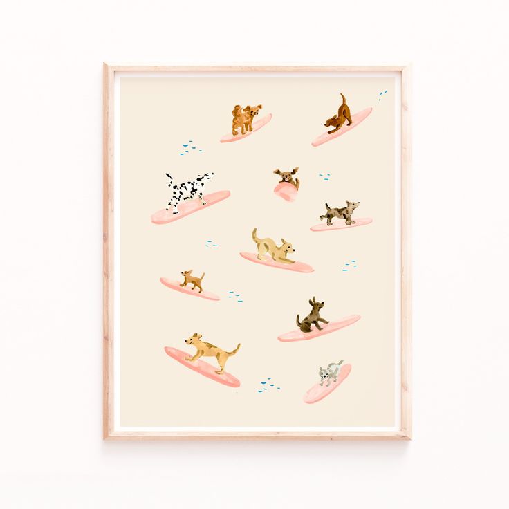 an art print with cats and dogs on surfboards in pastel pink watercolors