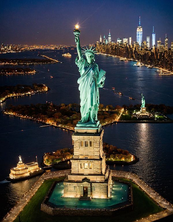 an aerial view of the statue of liberty in new york city, ny at night