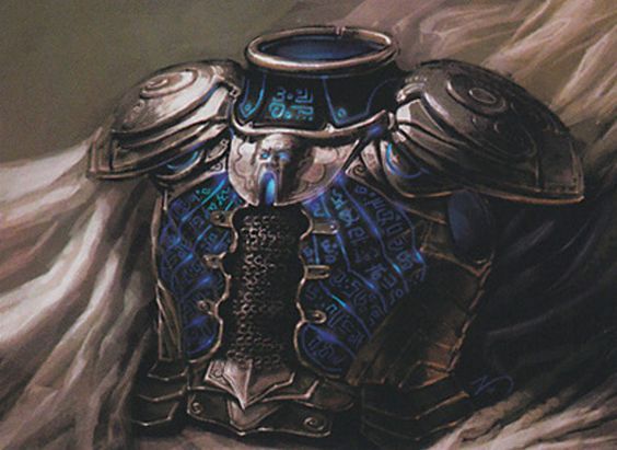 a painting of a knight's armor with blue lights on its chest and arms