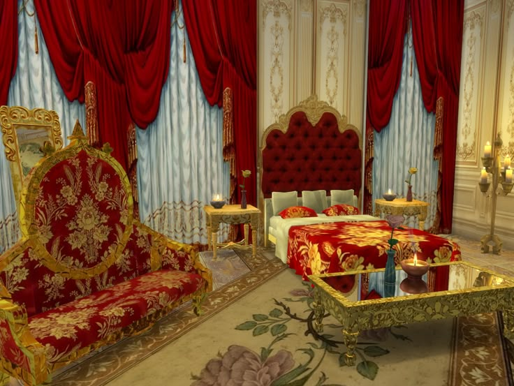 an elaborately decorated living room with red and gold furniture in the middle of it