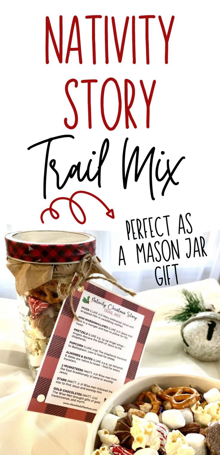 a mason jar filled with trail mix on top of a table next to a gift tag