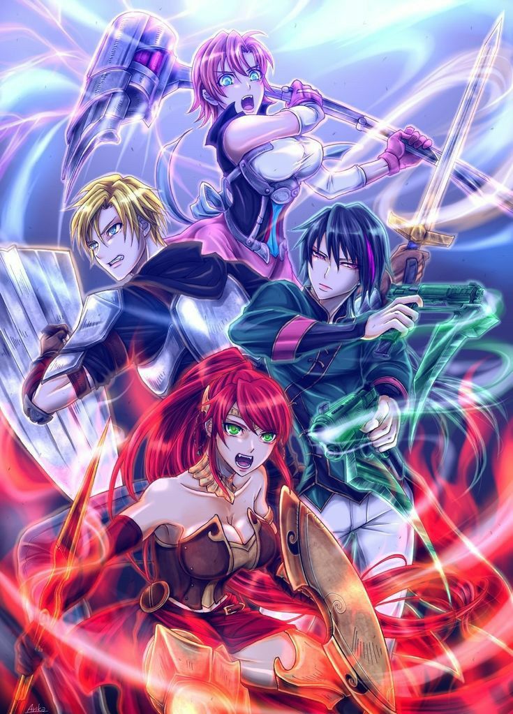 an anime poster with four women and two swords