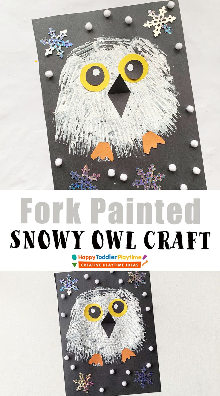 an owl craft made out of construction paper with snowflakes on it and the words, fork painted snowy owl craft