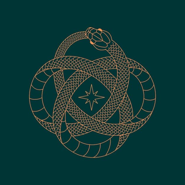 a gold snake in the middle of a circle on a green background with an arrow