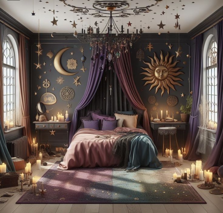 a bedroom decorated in purple and gold with stars on the ceiling, curtains, windows, and a canopy bed