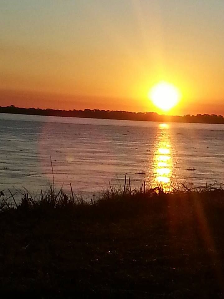 the sun is setting over the water and some grass