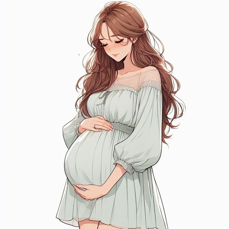 a pregnant woman with long hair wearing a dress and holding her belly up to the side