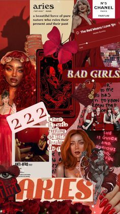 the collage is made up of many different images and text, including an image of a woman with red hair